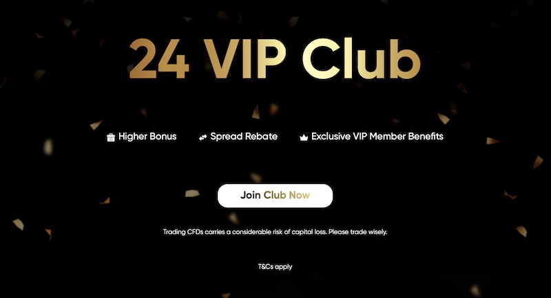 24Markets VIP Club Offers Up to 50% Bonus and 10% Spread Rebate